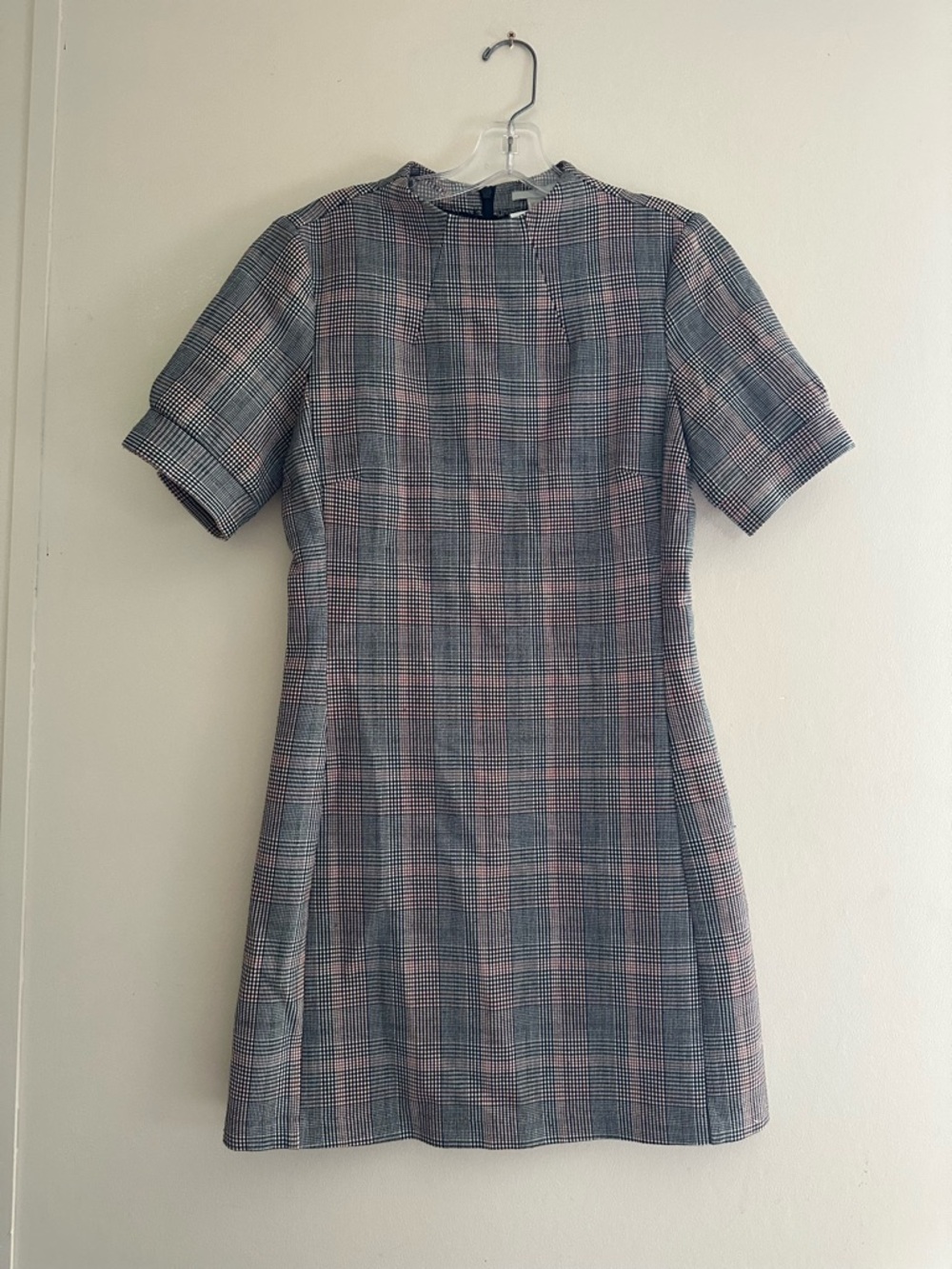 H&M Gray and Pink Plaid Short-Sleeve Mini Dress